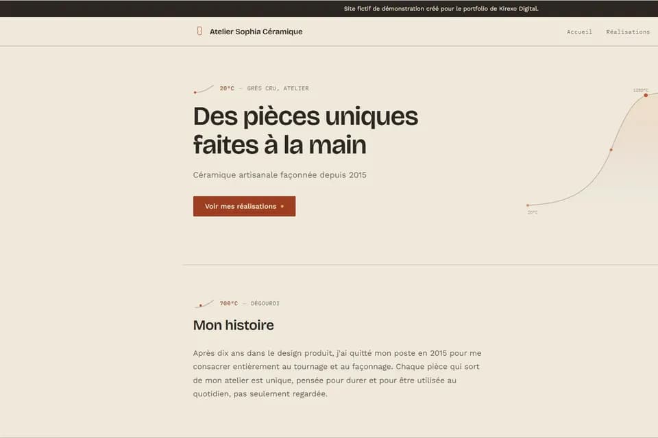 Capture de la page d’accueil du site de démonstration Atelier Sophie