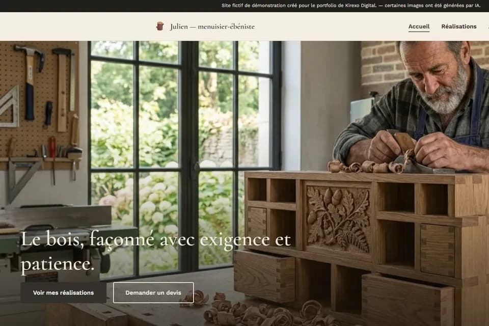 Capture de la page d’accueil du site de démonstration Julien, menuisier-ébéniste