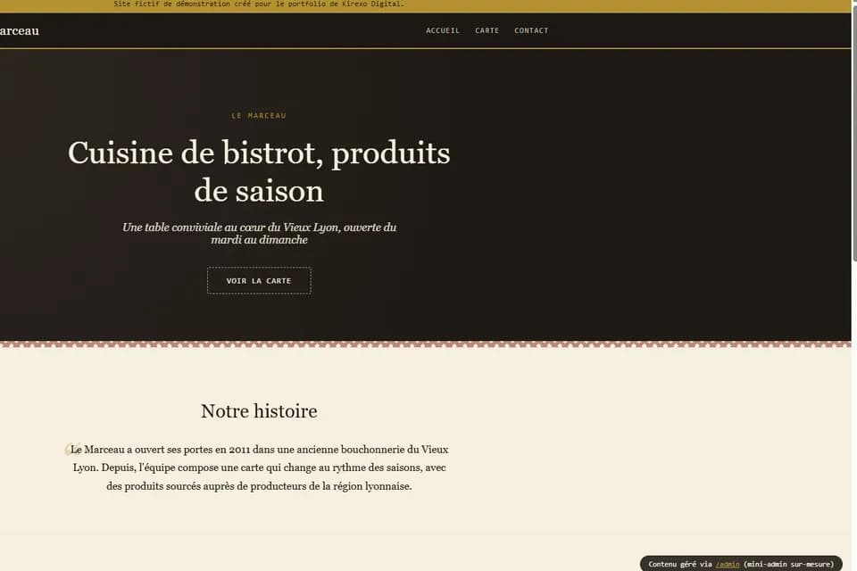 Capture de la page d’accueil du site de démonstration Le Marceau